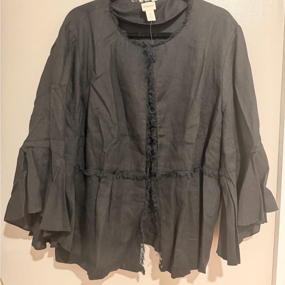 Chico's Linen Black Fringe Trim Bell-Sleeve Jacket - Picture 2 of 16